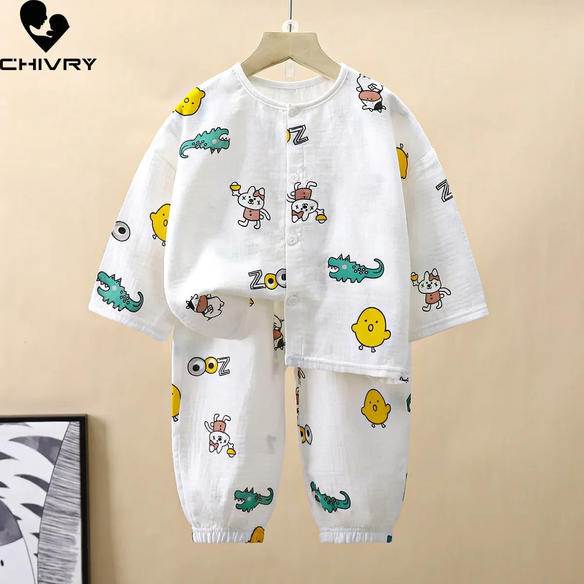 Conjuntos de pijamas finos de verano para niños y niñas, camisa de hilo de algodón con manga de tres cuartos de dibujos animados, Tops con pantalones, ropa de estar por casa para bebés, 2023