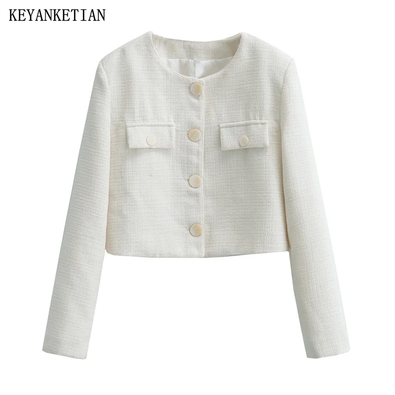 

KEYANKETIAN New Launch Women's O-Neck Single Breasted Tweed Texture Suit Crop Top Stylish Simply Flap Pockets Basic Crop Blazer