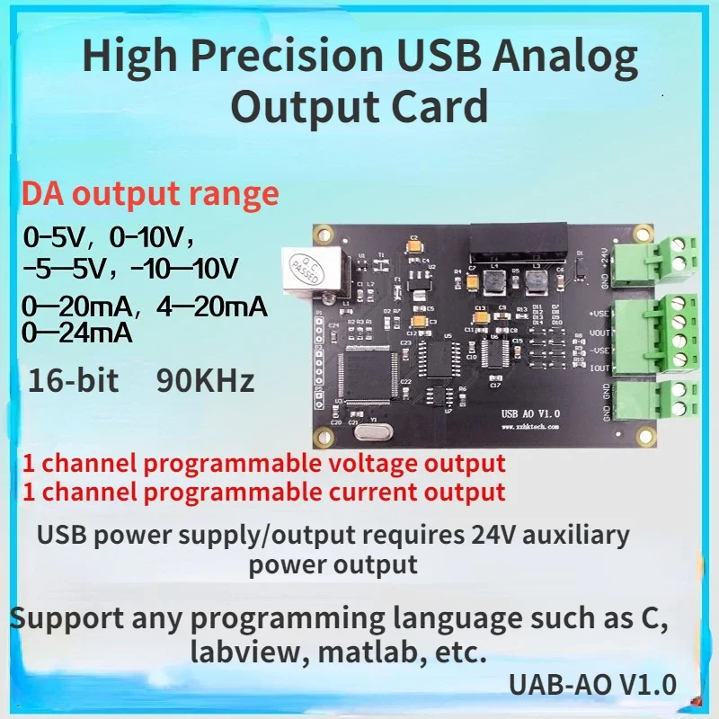 USB Analog Output Card 16-bit 90Ksps Programmable Voltage Output Labview