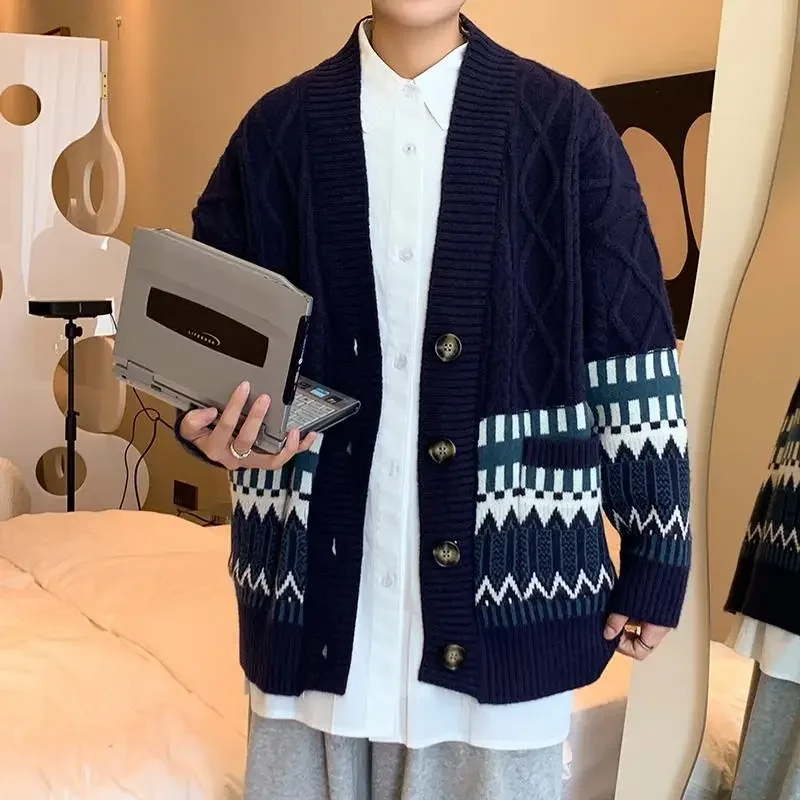 Twist Cardigan Men Jacquard Temperament Teenagers Japanese Preppy Style Simple Daily Baggy Panelled Slouchy Knitwear Youthful