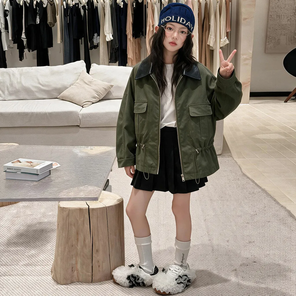 Girls Jacket Drawstring Waist PU Leather Collar Autumn Children Cargo Coat 2026