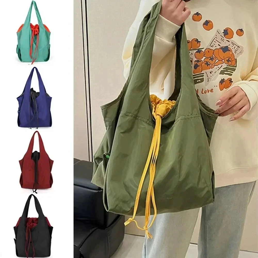Foldable Reusable Drawstring Design Handbag Waterproof High Capacity Shopping Bag Storage Bags Nylon Travel Grocery Bag