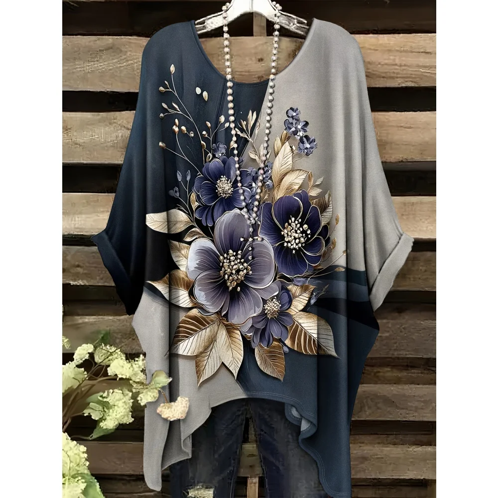 

Богемный шикарный оверсайз простой винтажный цветочный принт бабочки асимметричный подол с круглым вырезом универсальный повседневный модный женский летний стиль