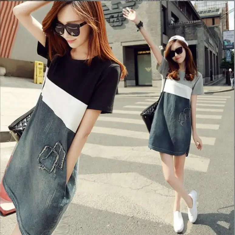 

Summer New Short-sleeved Stitching Denim Dress Female Korean Version Hot Sale Women's A-line Dresses Casual Pocket Street Dress