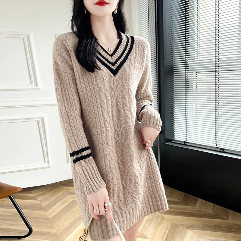 

2024 Extended Autumn/Winter new 100% Merino wool pullover Cashmere sweater Women's V-neck pullover warm down shirt top