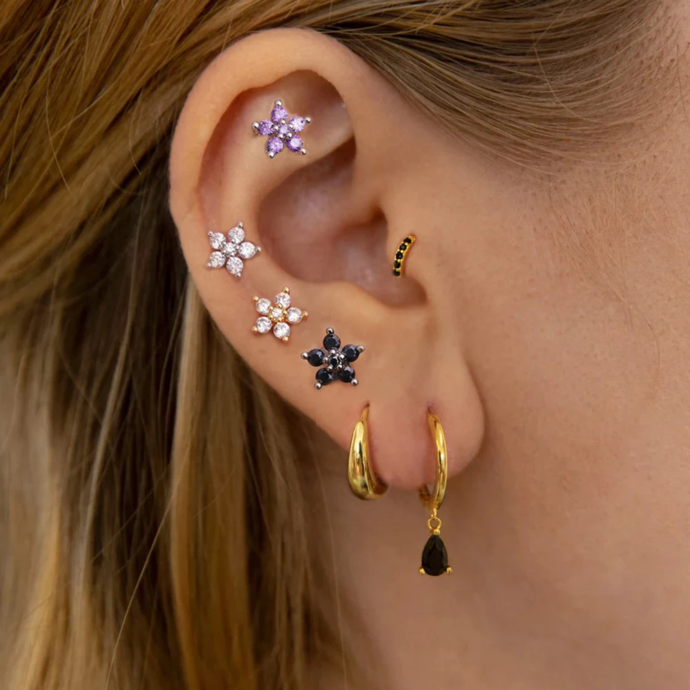 

1pc Luxury Stainless Steel Flower Small Stud Earring Tiny Cubic Zircon Unusual Cartilage Piercing Earring Christmas Jewelry