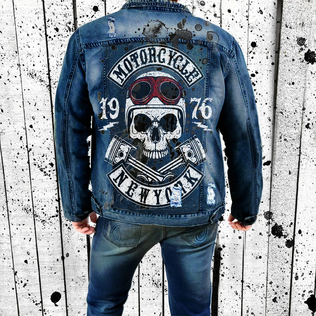 

Men's Denim Jacketstreet Motorcycle Retro Hole Men's Denim Jacket 2023 Autumn And Winter New Personality Skull Print Wholesale