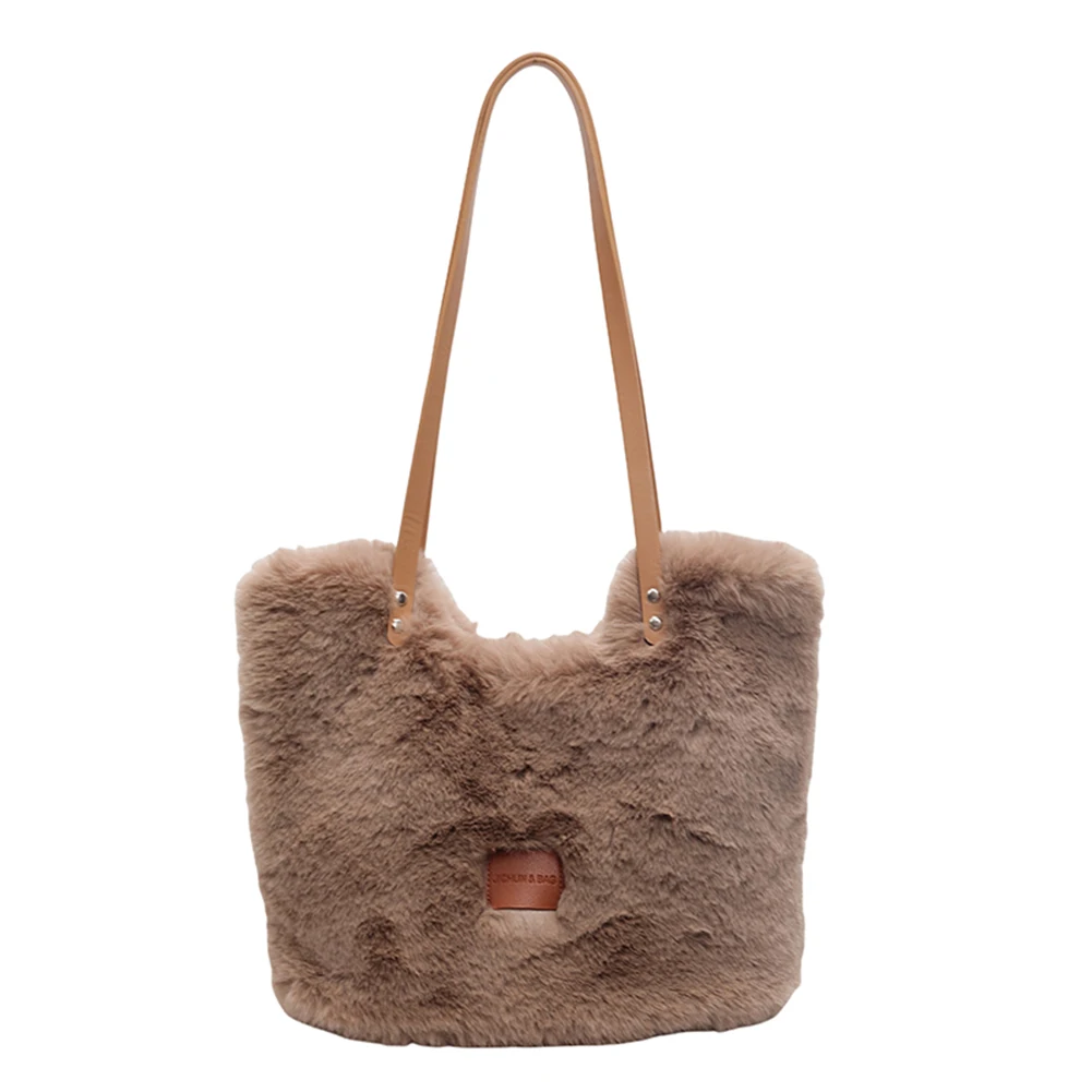 

Women Plush Tote Bag Fluffy Furry Shoulder Bag Large Capacity Underarm Bag Solid Handbag for Work Travel Shopping