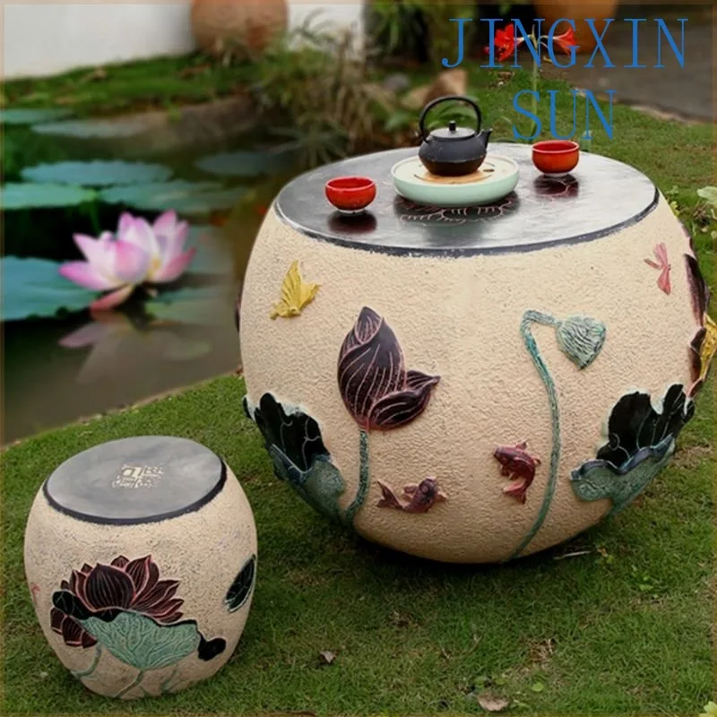 Pastoral lotus coffee table set, small yard, open-air balcony, tea table, stool combination, villa courtyard decoration ornament