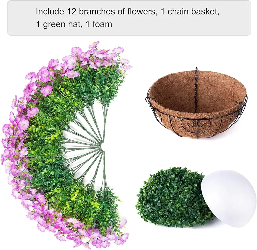 Artificial Fake Hanging Flowers Plants in Basket for Outdoor Decoration, 12 Pcs Faux Morning Glory in Planter Realistic UV Resis