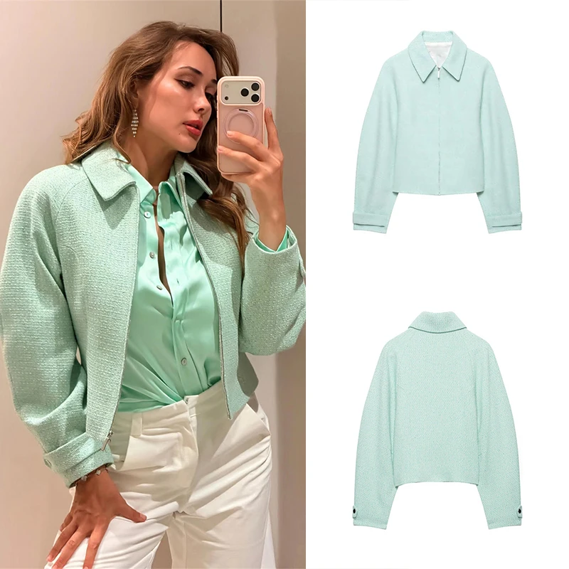 Guobioziy  Women's Textured Jacket 2026 Spring and Autumn Collection Light Green Zipper Design Western Casual Trend Aesthetic