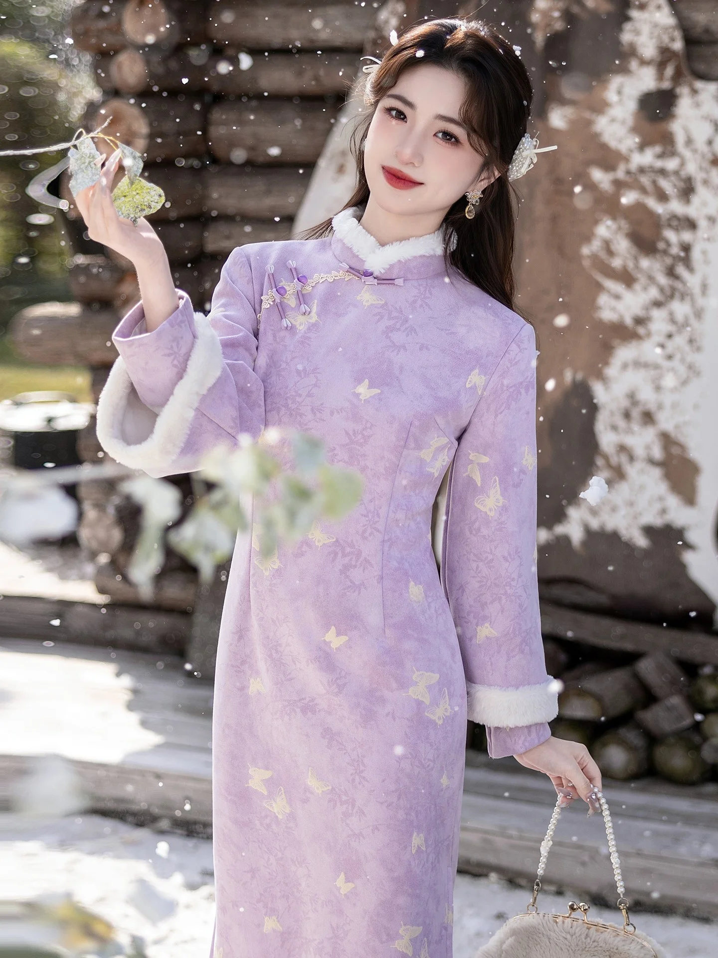 

Женское винтажное платье Ele Long-Sve Fce Lined Dr в темно-фиолетовом цвете для повседневной носки, высокое качество, китайская мода