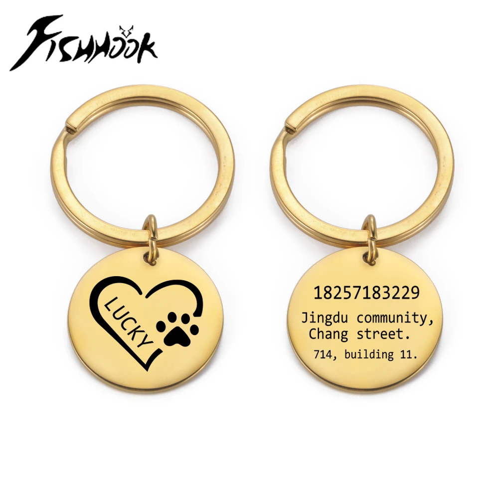 Fishhook Dog ID Tag Personalized Keychain Custom Name Key Ring Phone Number Address Pet Stainless Steel Jewelry Animal Anti-lost