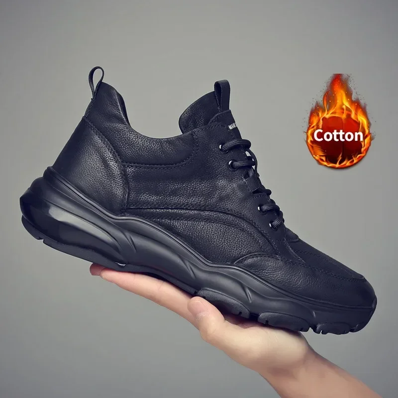 Genuine Leather Male Sneakers Incresed Man Casual Shoes Winter Cotton Men\'s Sports Shoes Size 38-46 High Quality Jogging Shoes