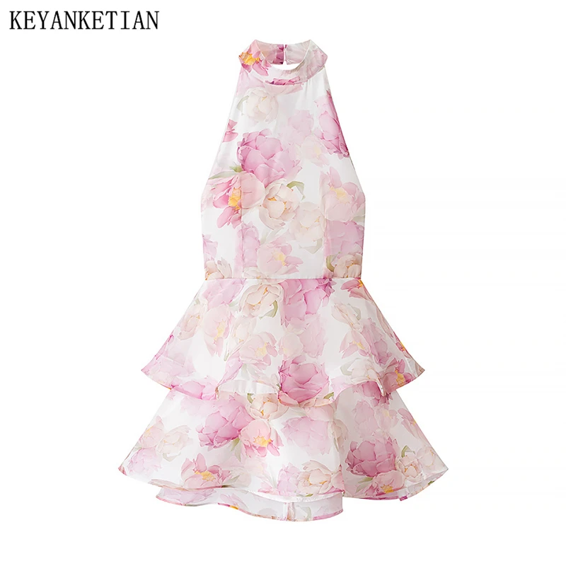 Keyanketian 2025 verão novo feriado vento flor impressão halter sem costas mini vestido moda em camadas organza vestido sem mangas feminino