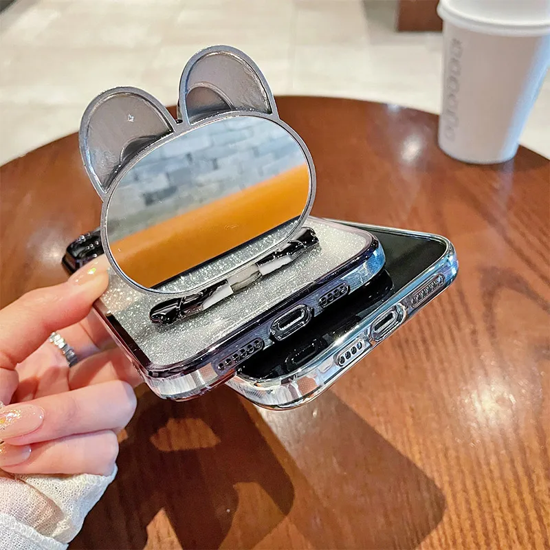 럭셔리 글리터 골드 도금 커버 브래킷 토끼 미러 케이스, 삼성 갤럭시 A55 5G, A15, A14, A16, A25, A35, A54, A33, A53, A34, A36 용
