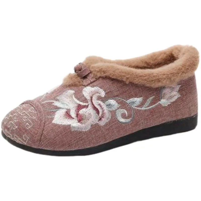 

Women Shallow Flat Sole Embroidered Cotton Shoes Winter New Soft Sole Round Toe Slip On Plush Keep Warm Elderly Cotton Shoes