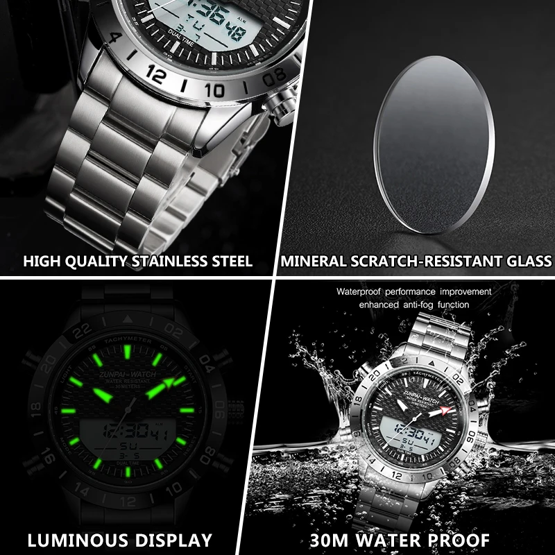 ZUNPAI Original Men\'s Watch Waterproof Stainless Steel Sports Watch Quartz Analog LED Digital Clock Military Top Brand Luxury