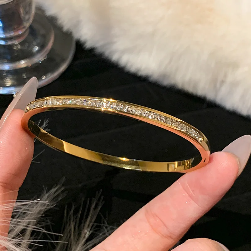 Luxury Bangles Stainless Steel Gold Color Bracelet Sparkling Women\'s Hand Bracelets Inlaid With Zircon Fashion Jewelry