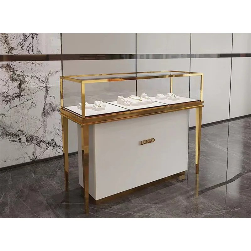 Armário De Loja De Jóias De Jóias De Luxo Personalizado, Design De Vitrine De Vidro, Contador De Loja De Frame De Metal De Ouro, Design De Contador De Vidro