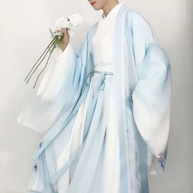 الذكور طالب Hanfu الأزرق والأبيض الصباغة 3 قطعة مجموعات زي الهالوين التأثيري الصينية التقليدية حفلة الزي حجم كبير للرجال