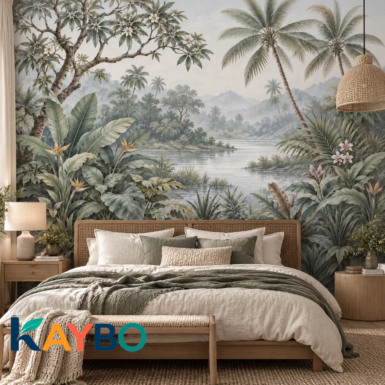 Tropical Wall Mural Vintage Palms Jungle Lake Landscape Wallpaper Non Self Adhesive Bedroom Living Room Botanical Decor Wall Art