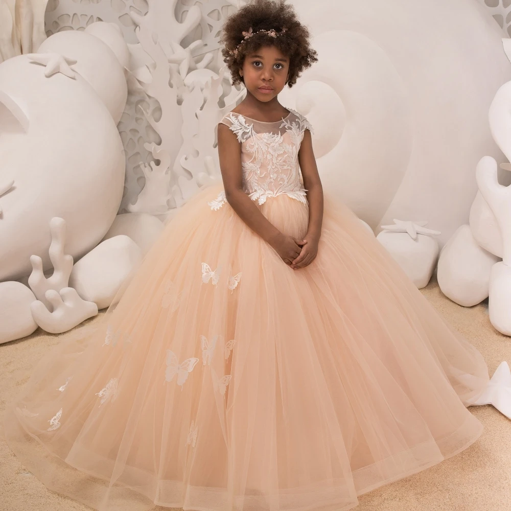 Lorencia Blush Flower Girl Dresse For Weddings Butterfly Tiered Toddler Princess Pageant Gowns Party Tulle Kid Prom Dress YFD63