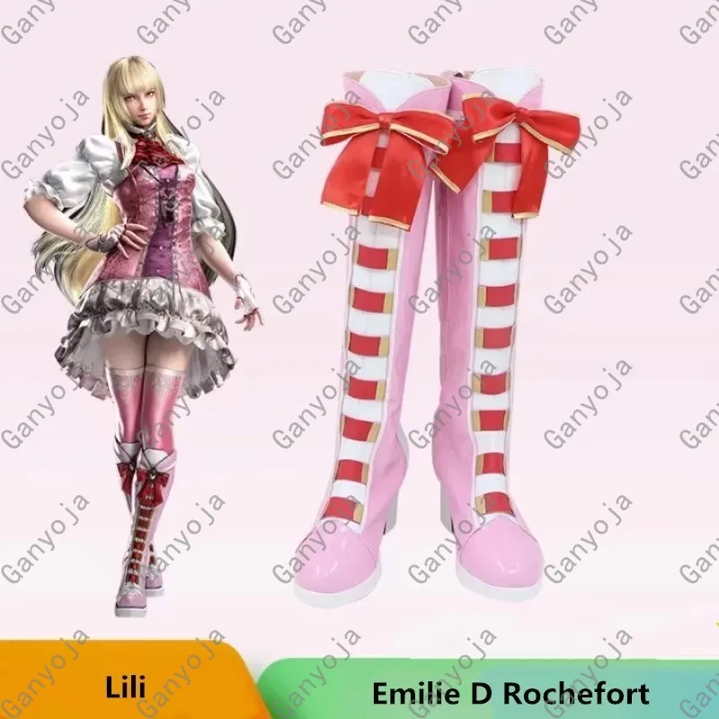 TEK KEN 8 Emilie De Rochefort Lili Cosplay zapatos para disfraz botas rosas hechas a mano de piel sintética
