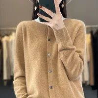 100% pure wool cardigan Spring and Autumn new cashmere sweater women's O-neck cardigan warm knit bottoming shirt - Image 2