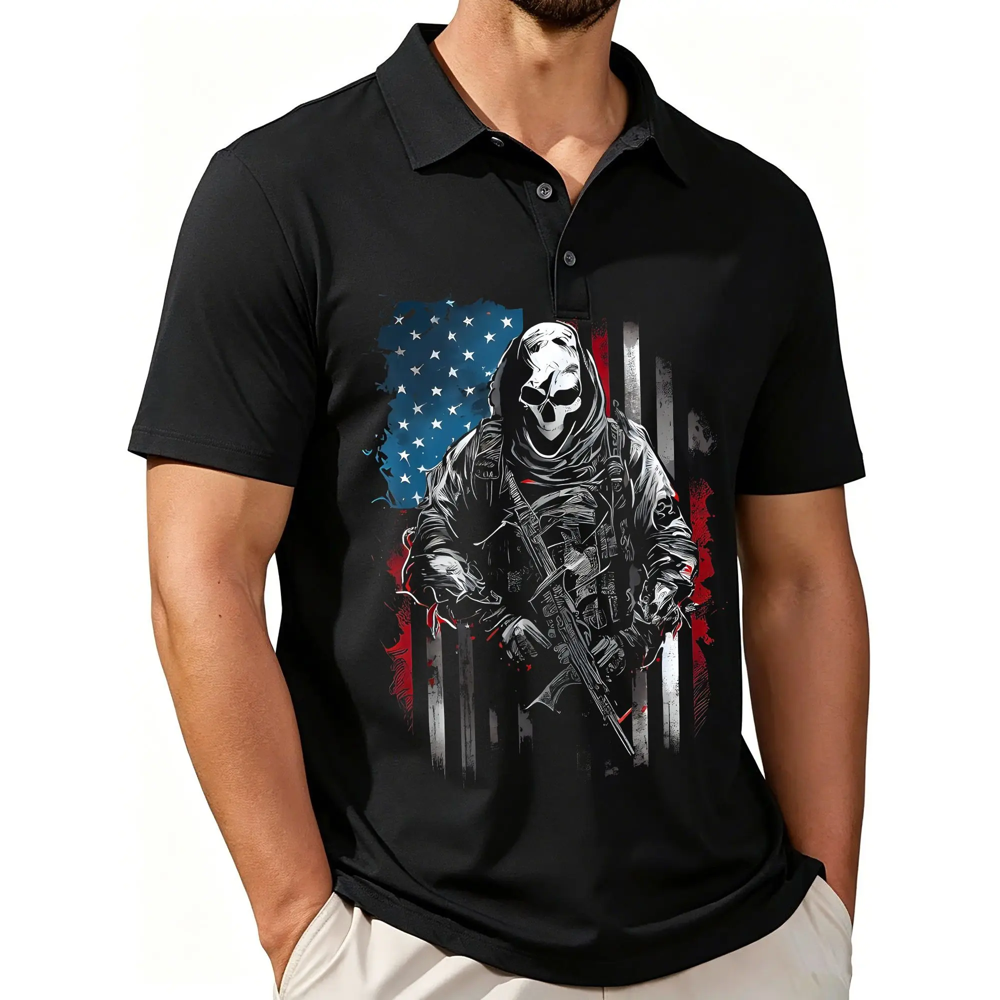 Men's Military Print Polo Shirt with American Flag