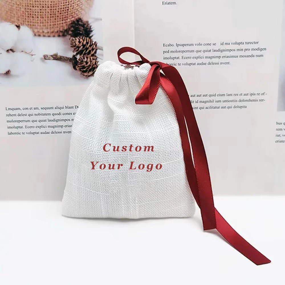 

50Pcs White Bamboo Cotton Personalized Logo Jewelry Ribbon Drawstring Bag Wedding Favors Gift Cosmetic Perfume Packaging Pouches