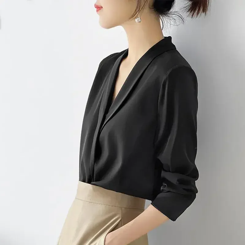 Women\'s Tunic V Neck Solid Color Elegant Blouses Spring Autumn Office Lady Silk Satin Solid Black White Long Sleeve Shirt Women