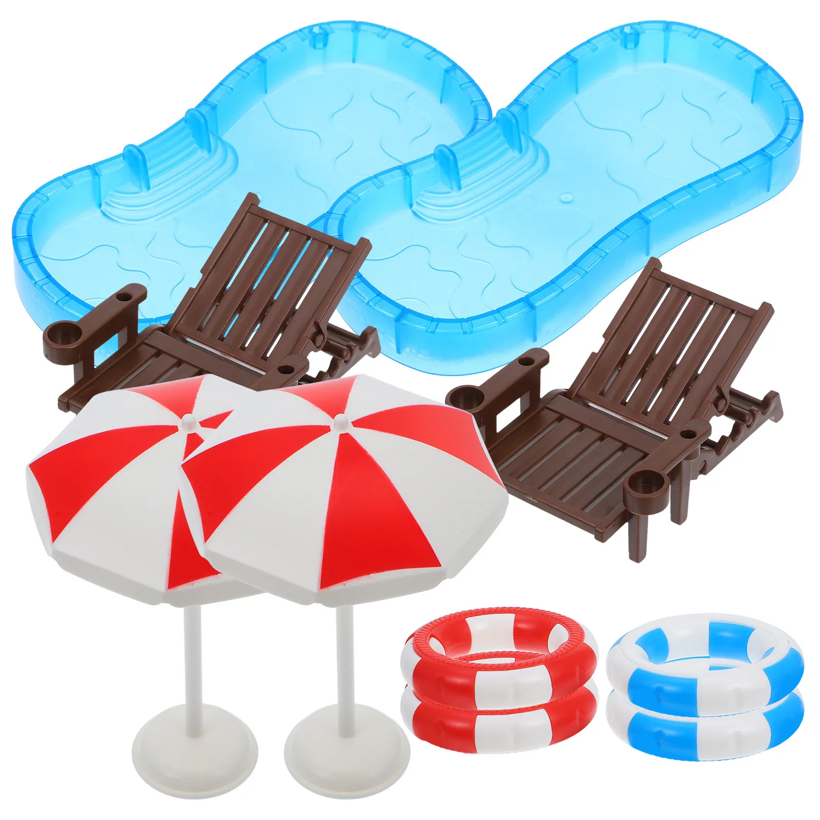 

2Sets Mini House Swimming Pool Kit Including Chairs Rings Umbrellas for Creative Room Decor Micro Scene Layouts Kids Imagination
