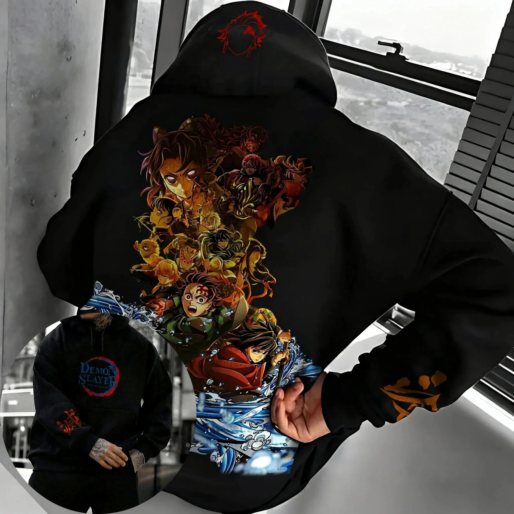 شيطان القاتل الخريف/الشتاء هوديس الخريف/الشتاء أنيمي جديد الشارع الهيب هوب الاتجاه Y2K فضفاض عصري الوالدين والطفل