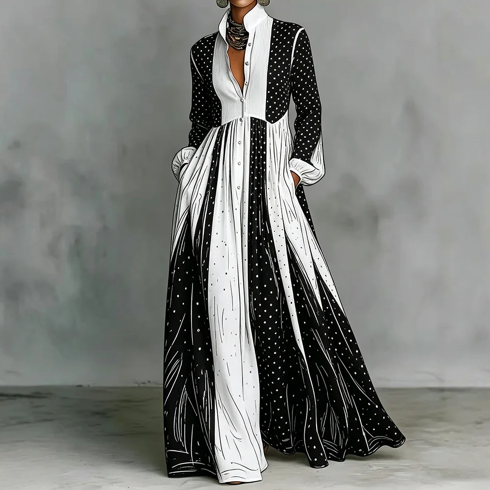 

Women's Black White Polka Dot Maxi Dress Fashion Elegant Long Sleeve Pleated Shirt Dress with Pockets for Women Everyday Outfit