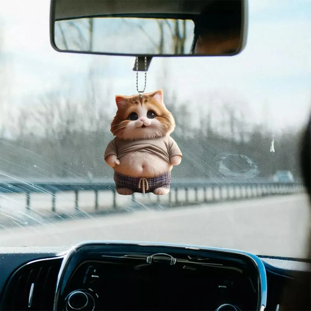 

2D Car Cute Cat-Shaped Pendant Realistic Animal Rearview Schoolbag Keychain Car Accessories Interior Mirror Decor Hanging G8G0