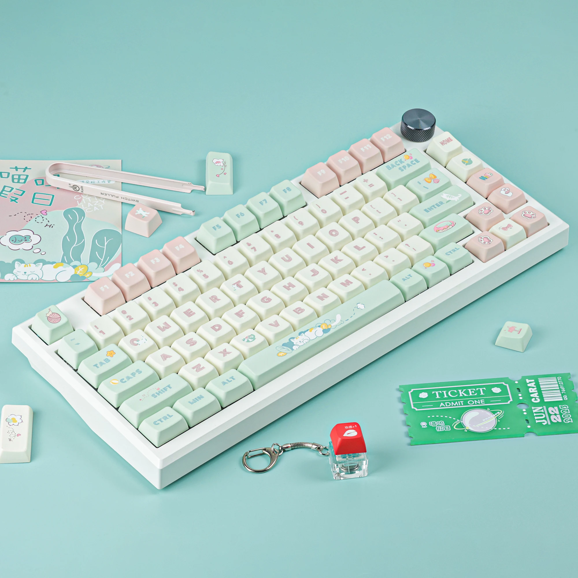 Cat Holiday Keycaps Set Custom 142 Keys SOA Profile PBT Hand-painted Cute Cartoon Point KeyCap for Gaming Mechanical Keyboard