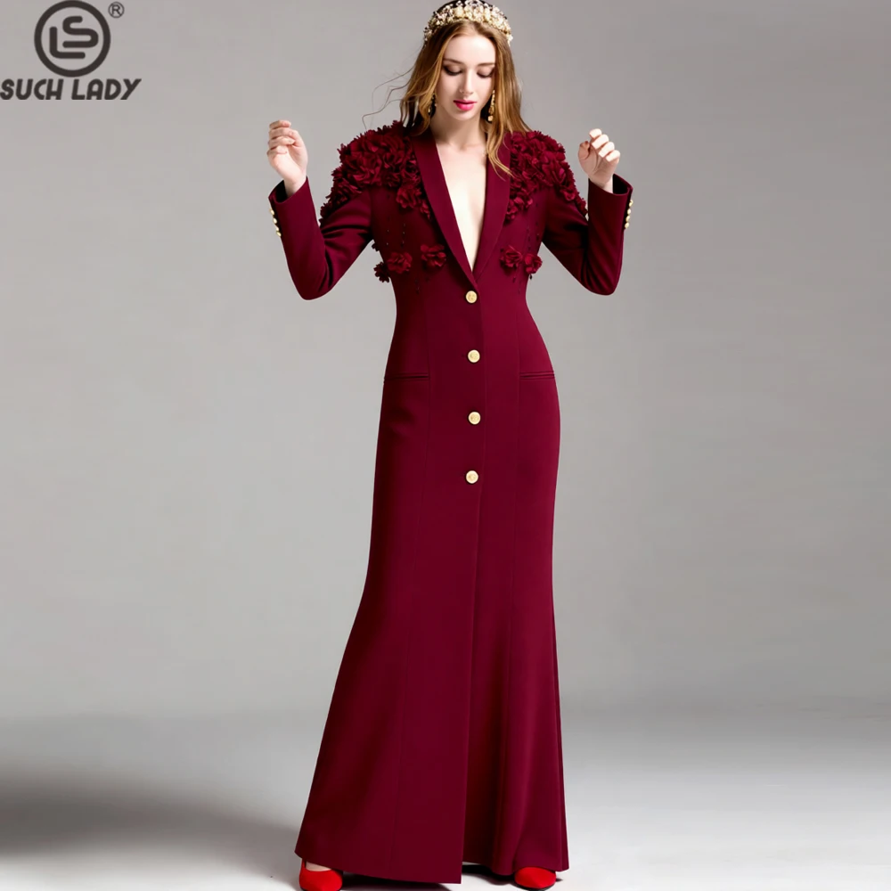 Women's 3D Floral Appliques Long Sleeve Maxi Dress - Elegant Shawl Collar Gown with Gold Buttons for Party Wedding Evening Event