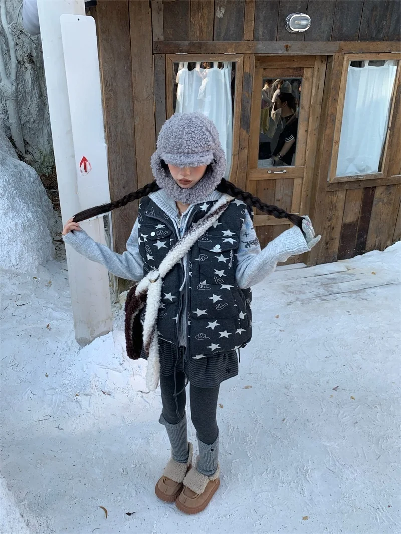 

American Sle Cotton Jaet Women's Casual Stand Collar Vest Autumn Winter Thiened Star Print Leisure Faion Outerwear