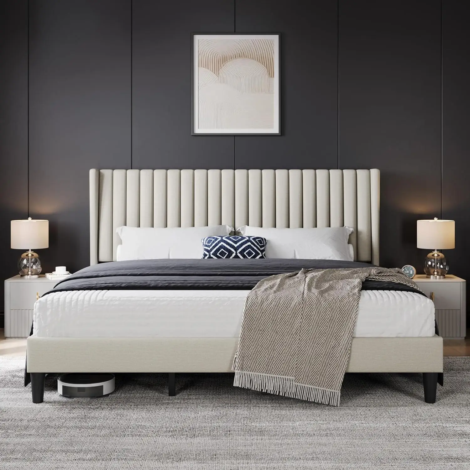 King Bed Frame with Channel-Tufted Headboard, Upholstered Platform, Ivory, Customized