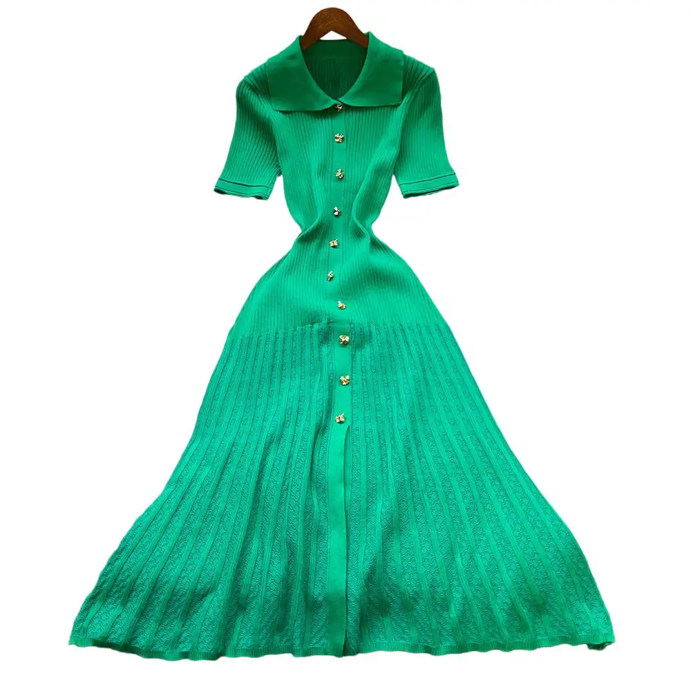 YuooMuoo Merk Fashion Vintage Turn-down Kraag Gebreide Maxi Jurk Elegante Single-breasted A-lijn Lange Shirt Jurk Dame vestidos - afbeelding 2