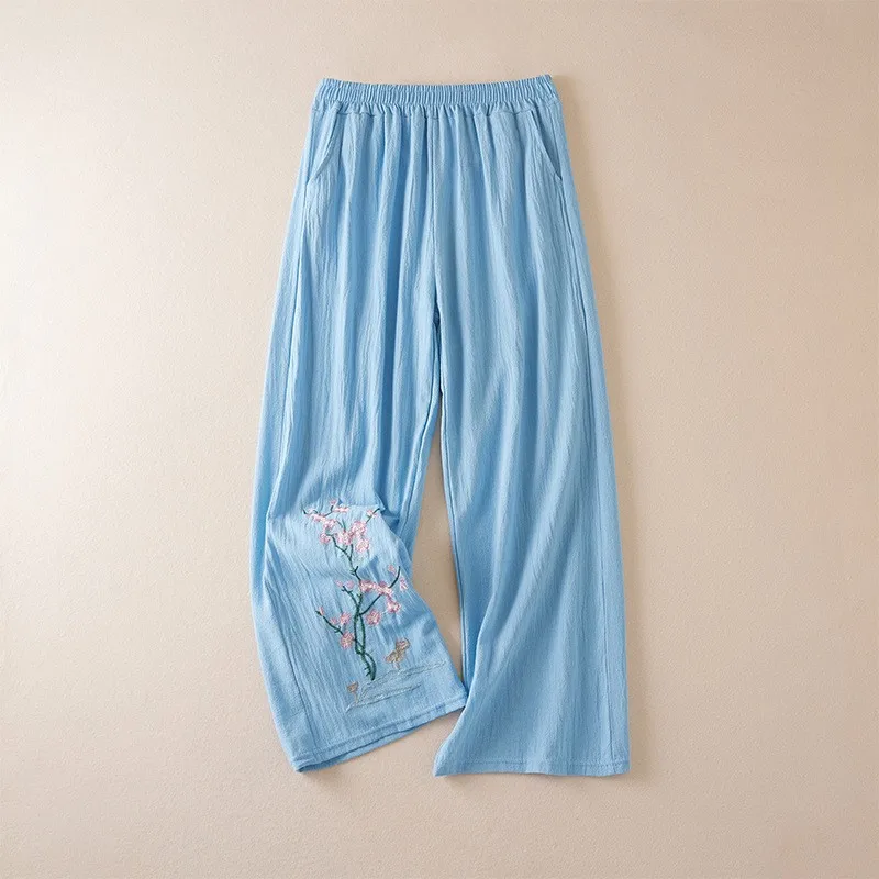 Große Baumwoll-Leinen-Hose, bestickt, weites Bein, lockere Passform, Sommer-Freizeithose für Damen, Retro-Stil, ethnisches Muster
