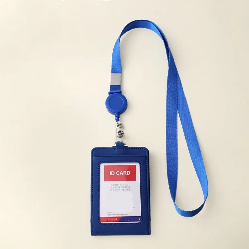 Staff Working Cards Protecting Cover with Neck Rope Retractable Lanyard Unisex PU Leather ID Credit Bank Bus Cared Holder Case