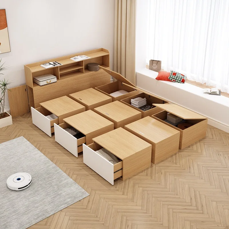 Small apartment tatami bed wardrobe integrated, storage box combined storage drawer Rubik's cube floor bed
