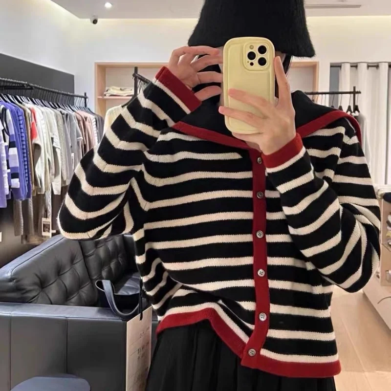 Autumn Winter New Sweater 100% Merino Wool Women\'s Clothing Navy Collar Striped Knitted Cardigan Casual Loose Fashion Korean Top