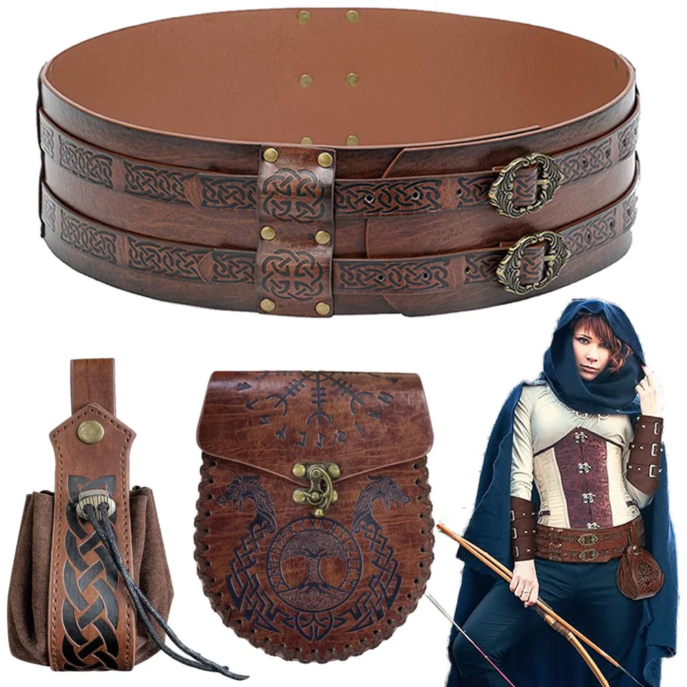 Caballero Medieval Cosplay fantasía doble capa ancha imitación cuero cinturón bolsa vikingo renacentista disfraz de pirata accesorios de disfraz