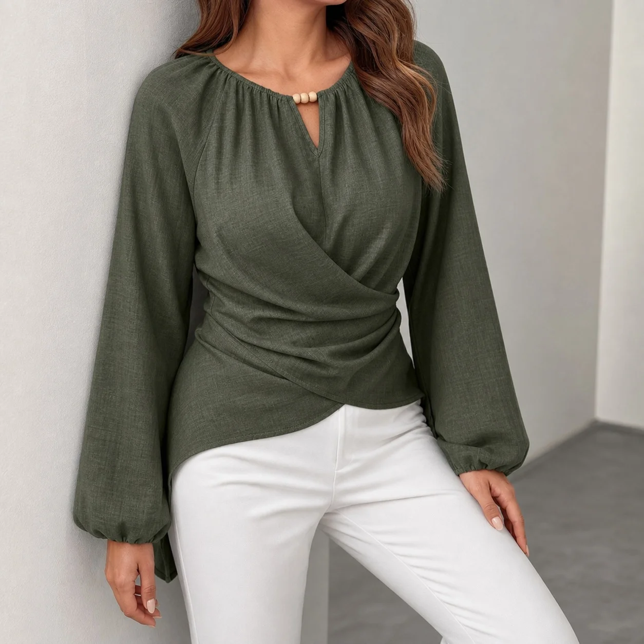 Women's Elegant Solid Color Woven Blouse with Crew Neck Tie Detail Mid-Length Sleeved Women's Shirt T-shirt Blouse Lightweight