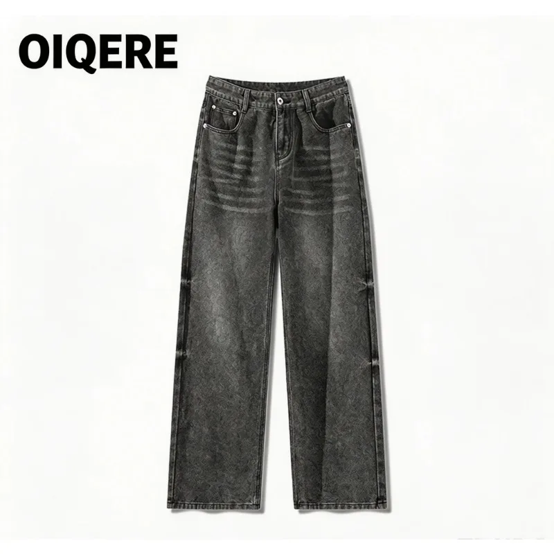 OIQERE Mens American Washed Curved Cut Jeans 2026 New Loose Wide Fit Casual Streetwear Denim Long Trousers