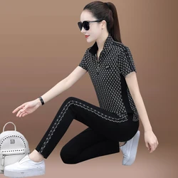 Summer Women Casual two-piece Black print short-sleeved top and pants Sporty casual suit size M-5XL women's suit