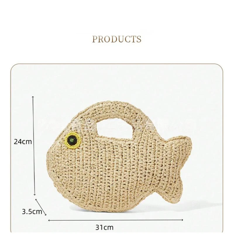 Goldfischförmige Clutch aus Papierseil, handgefertigte Damen-Handtasche mit Henkel, leichte, lässige Sommer-Strand-Party-Abendtasche – Detail 1